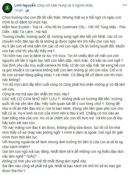 Facebook Linh Nguyễn chia sẻ việc con mình bị cô giáo bạo hành